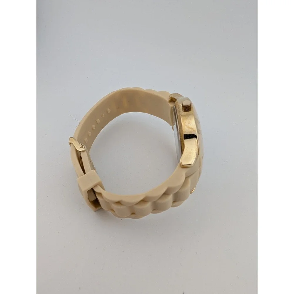 Women's Quartz Watch 42mm Gold Case Beige Silicone Band-‎ New Battery